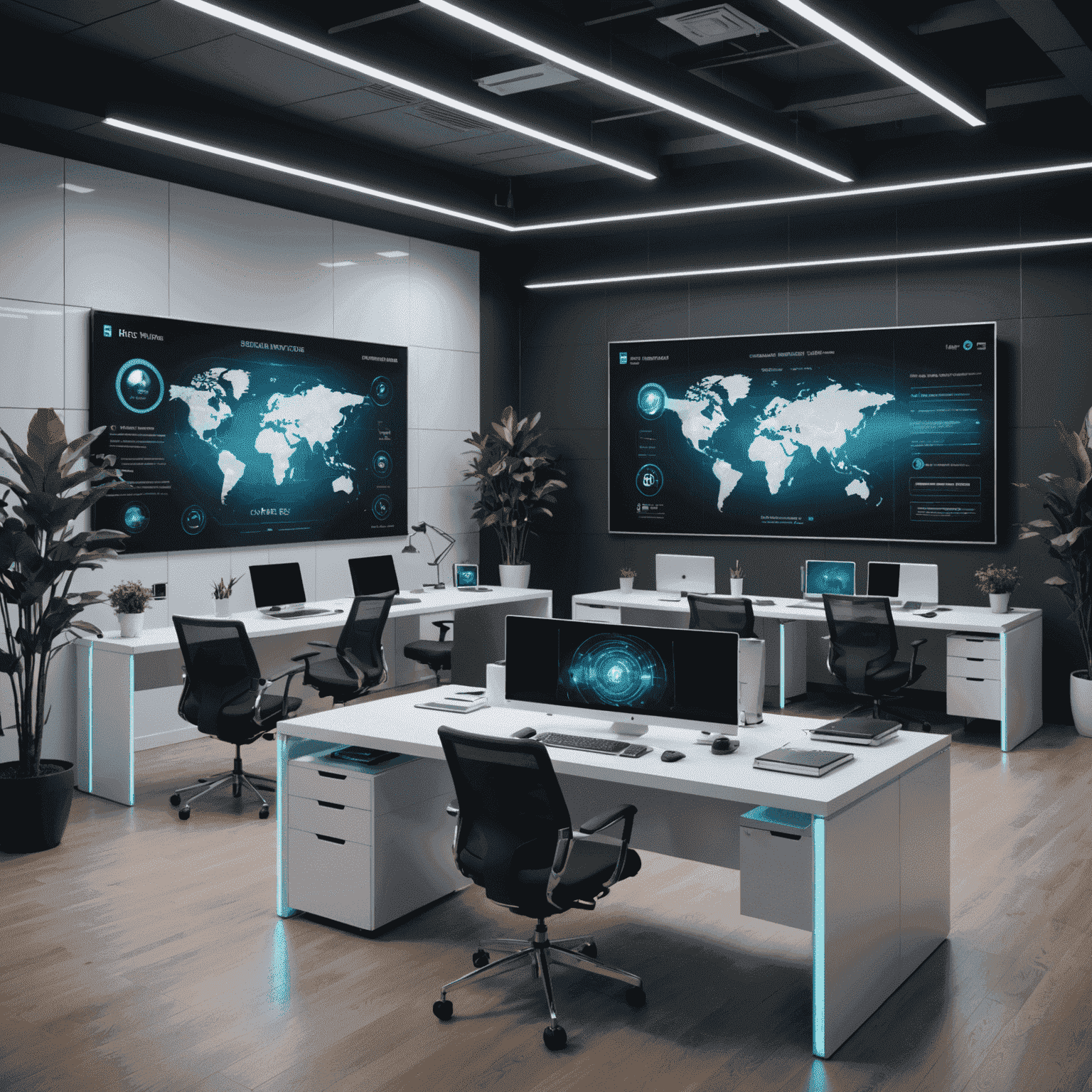 A futuristic office space with holographic screens displaying candidate profiles and AI-powered recruitment tools. The image showcases modern technology integrated into the hiring process.