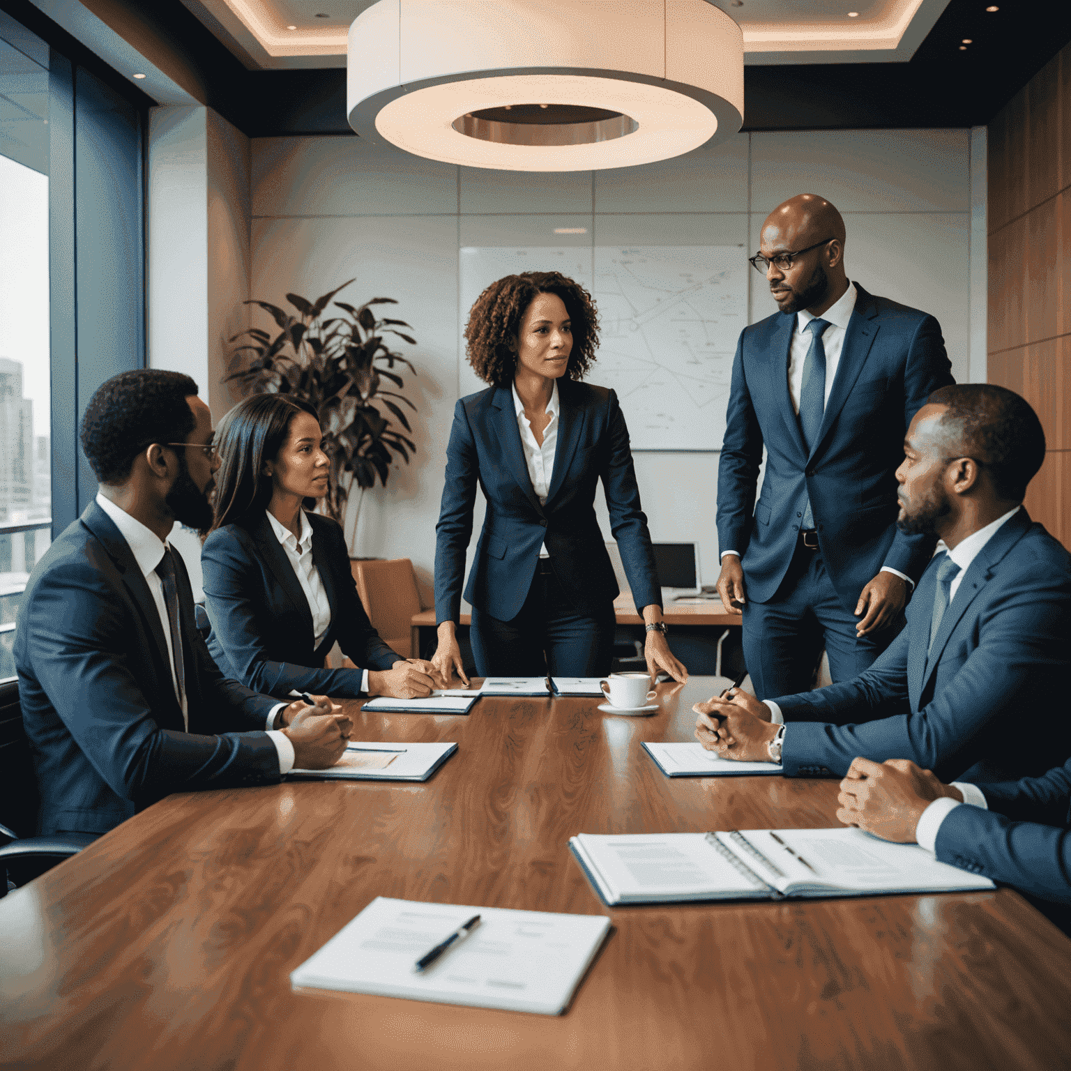 A group of diverse executives in a modern boardroom, engaged in a strategic discussion. The image conveys professionalism, leadership, and collaboration.