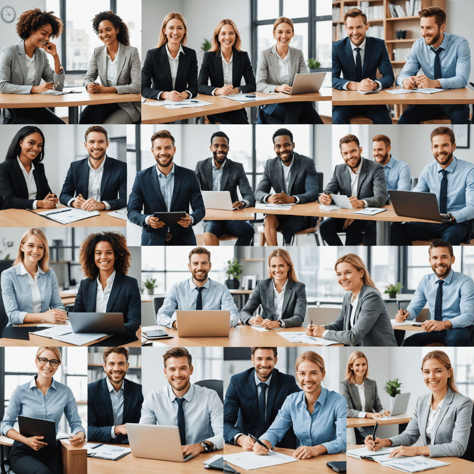 Collage of happy professionals in various work settings, symbolizing successful job placements and career growth