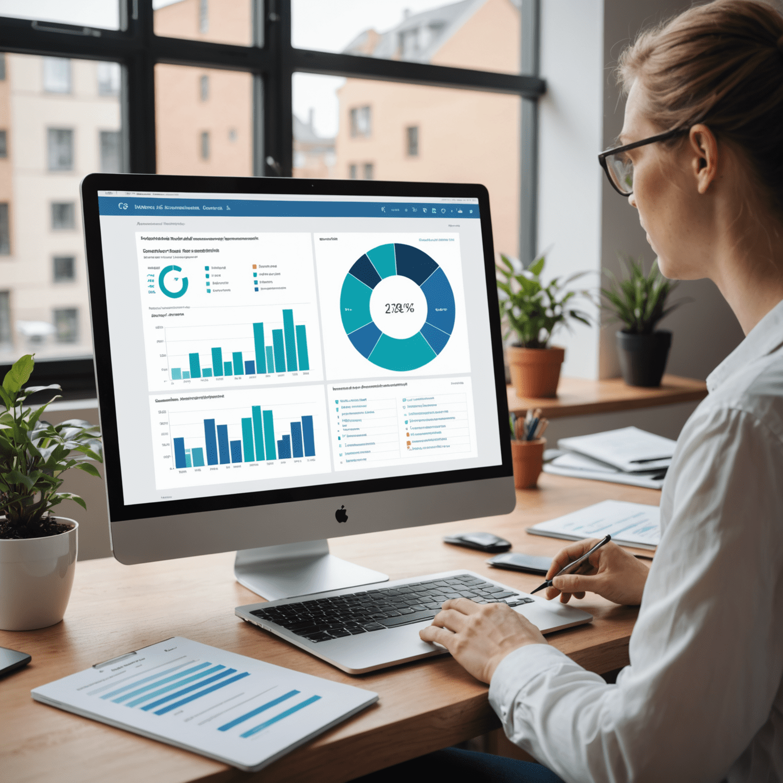 A person taking an online assessment on a computer, with graphs and charts in the background representing evaluation metrics