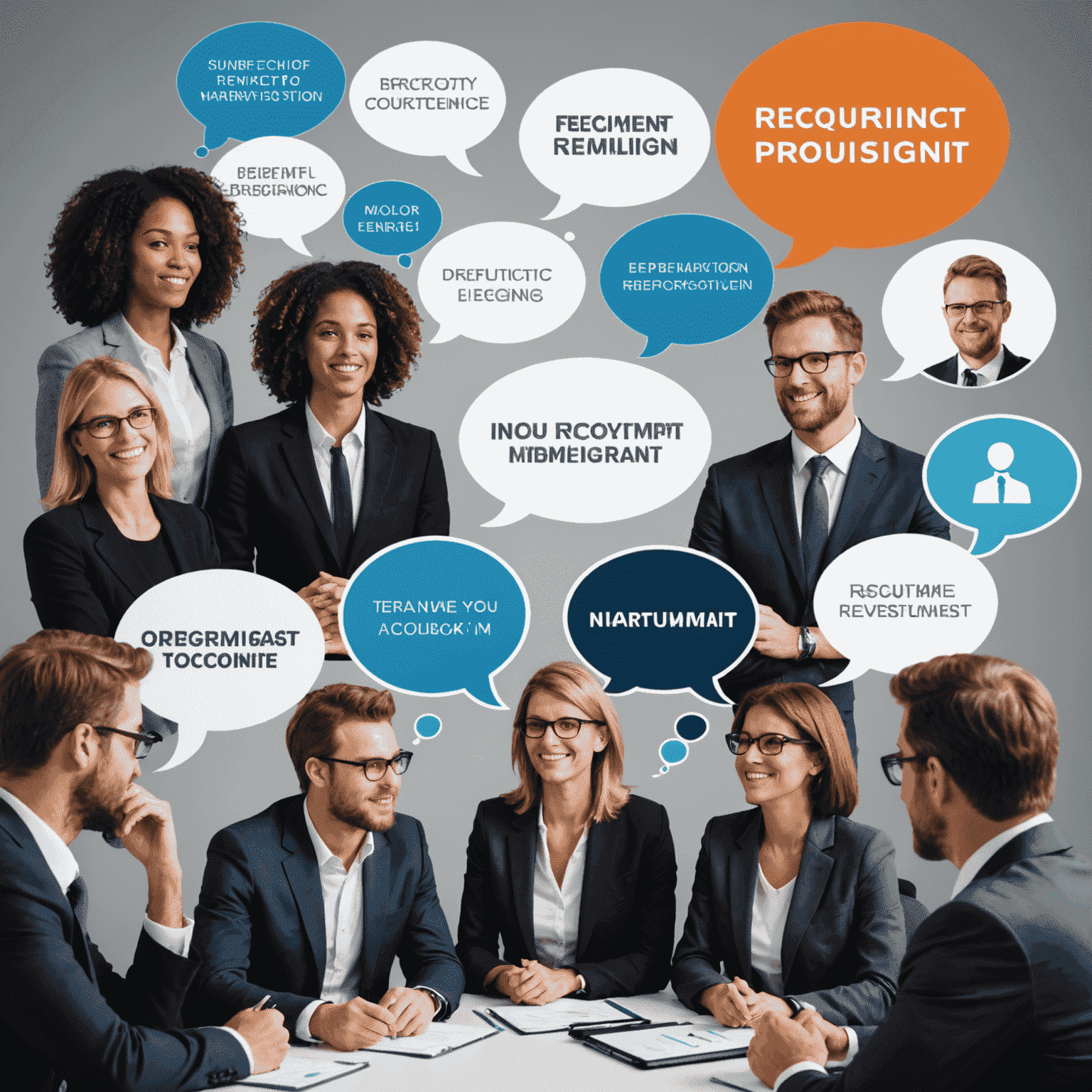 Montage of recruitment professionals and industry leaders in discussion, with thought bubbles containing recruitment-related icons